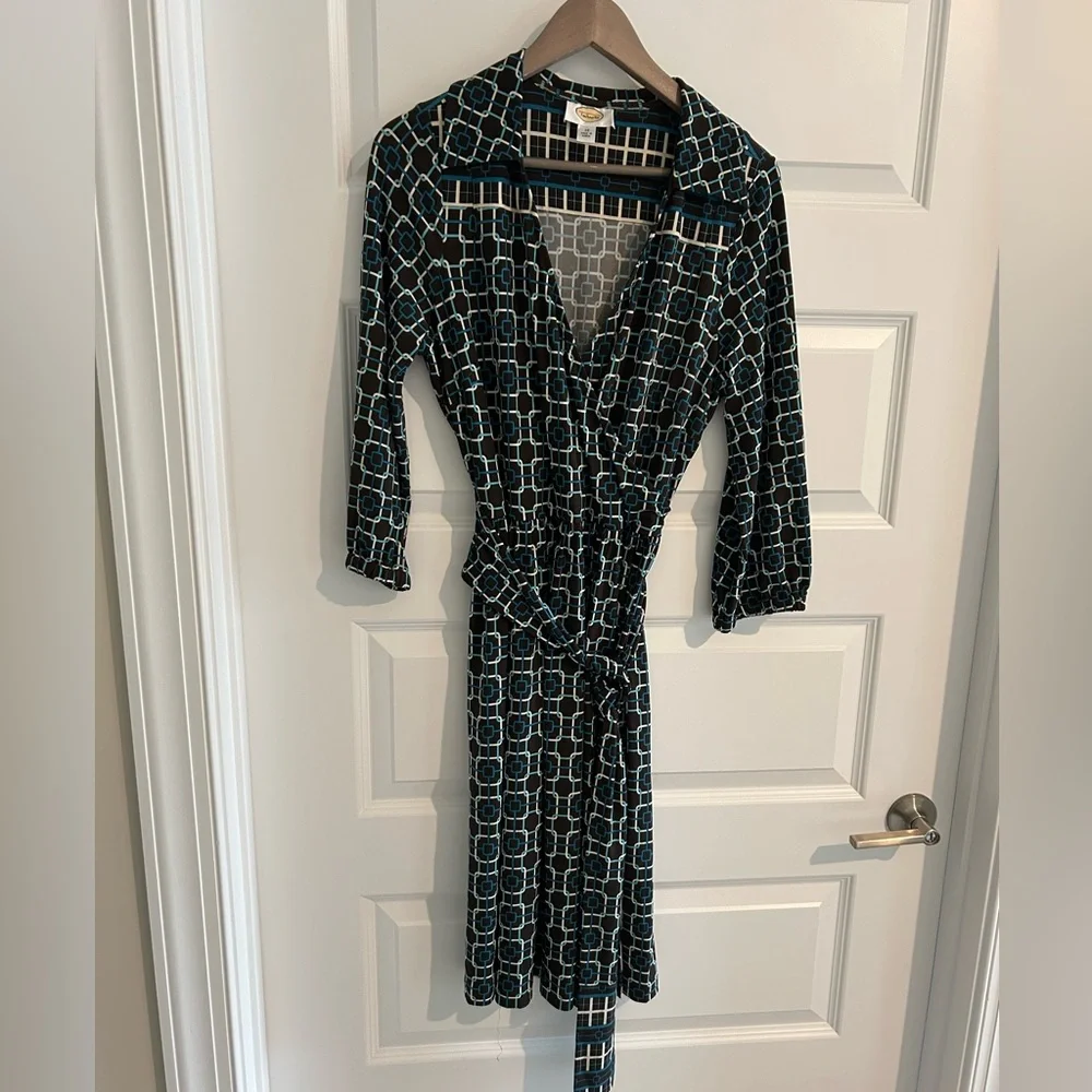Talbots Wrap Dress Black Blue Geometric Print Size 12